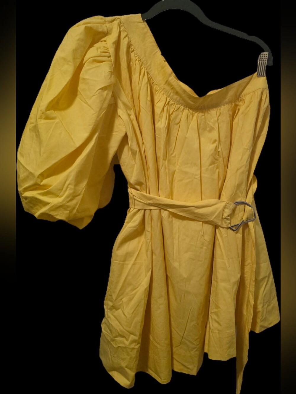 Yellow One-Shoulder Belted Puff-Sleeve Dress. New Without Tag